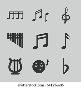 Melody icons set. set of 9 melody filled icons such as emoji listening music, treble clef, music note, harmonica, bemol, harp