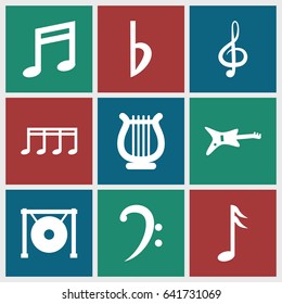Melody icons set. set of 9 melody filled icons such as treble clef, bass clef, music note, gong, bemol, harp