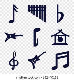 Melody icons set. set of 9 melody filled icons such as gong, treble clef, music note, harmonica, guitar