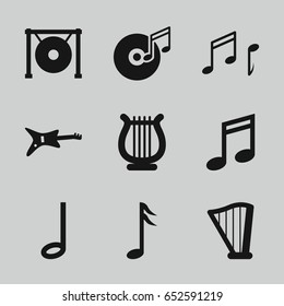 Melody icons set. set of 9 melody filled icons such as harp, gong, music note, note, disc and music note