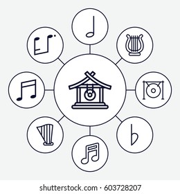 Melody icons set. set of 9 melody outline icons such as gong, music note, harp, bemol