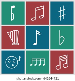 Melody icons set. set of 9 melody outline icons such as music note, harp, musical sharp, bemol, emoji listening music