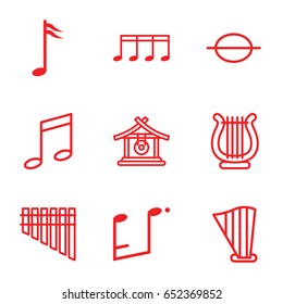 Melody icons set. set of 9 melody outline icons such as gong, music note, harmonica