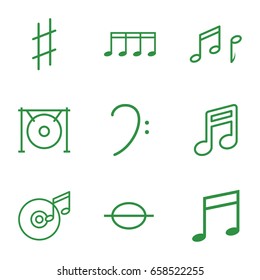 Melody icons set. set of 9 melody outline icons such as bass clef, music note, gong, musical sharp, note