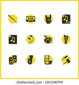 Melody icons set with adapter cable, mp3 file, hand horns elements. Set of melody icons and wire concept. Editable vector elements for logo app UI design.