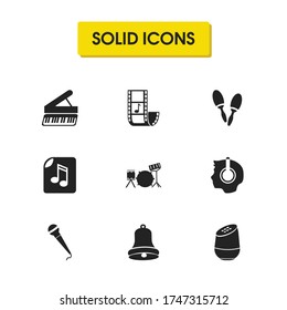Melody icons set with bell, man listing to music and maracas elements. Set of melody icons and fiesta concept. Editable vector elements for logo app UI design.
