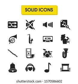 Melody icons set with bell, video clip and drum kit elements. Set of melody icons and love music concept. Editable vector elements for logo app UI design.