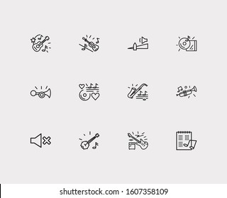 Melody icons set. Cd and melody icons with mute, banjo and trumpet. Set of playing for web app logo UI design.