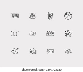 Melody icons set. Cloud music and melody icons with drums, album and vinyl. Set of ringing for web app logo UI design.