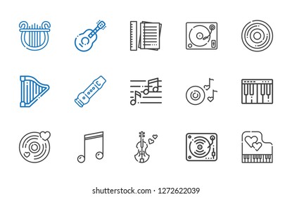 melody icons set. Collection of melody with piano, music, violin, musical note, vinyl, romantic music, note, flute, harp, compact disc, turntable. Editable and scalable melody icons.