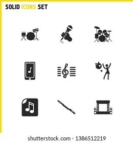 Melody icons set with drums, drum kit and night club elements. Set of melody icons and scene concept. Editable vector elements for logo app UI design.