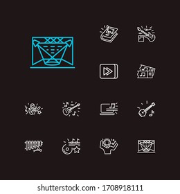 Melody icons set. Favorite song and melody icons with banjo, man listing music and guitar. Set of organization for web app logo UI design.