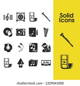 Melody icons set with gong, mp3 file and earphone elements. Set of melody icons and gramophone concept. Editable vector elements for logo app UI design.