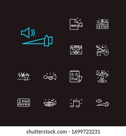 Melody Icons Set. High Volume And Melody Icons With Electric Guitar, Concert Stage And Night Club. Set Of Data For Web App Logo UI Design.