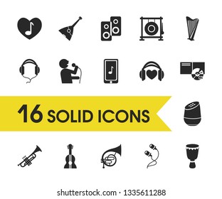 Melody icons set with loudspeakers, love song and favorite song elements. Set of melody icons and lyre concept. Editable vector elements for logo app UI design.