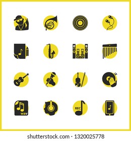 Melody icons set with man listing to music, karaoke and music record elements. Set of melody icons and aerophone concept. Editable vector elements for logo app UI design.
