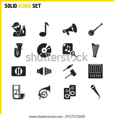 Melody icons set with pause button, french horn and music note elements. Set of melody icons and sound off concept. Editable vector elements for logo app UI design.