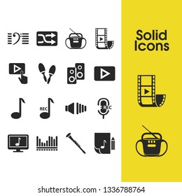 Melody icons set with recording mic, play button and clarinet elements. Set of melody icons and start concept. Editable vector elements for logo app UI design.