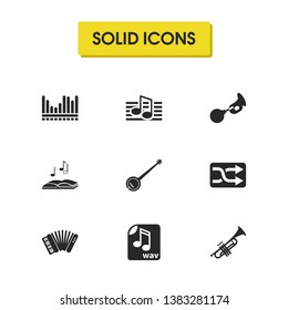 Melody icons set with shuffle button, accordion and trumpet elements. Set of melody icons and symphony concept. Editable vector elements for logo app UI design.