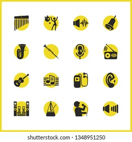 Melody icons set with sound wave, ear, hand bell elements. Set of melody icons and guitar concept. Editable vector elements for logo app UI design.