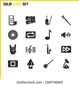 Melody icons set with sound wave, gramophone and stop button elements. Set of melody icons and cornet concept. Editable vector elements for logo app UI design.