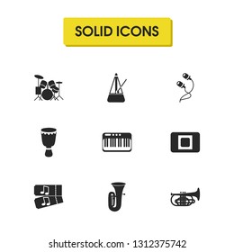 Melody icons set with stop button, synthesizer and cornet elements. Set of melody icons and music band concept. Editable vector elements for logo app UI design.