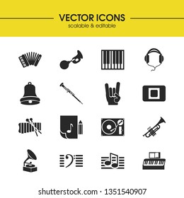 Melody icons set with stop button, headphone and bass clef elements. Set of melody icons and rock roll concept. Editable vector elements for logo app UI design.