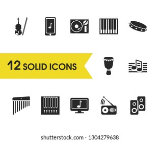 Melody icons set with turntable, music on computer and loudspeakers elements. Set of melody icons and fm concept. Editable vector elements for logo app UI design.