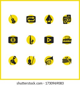 Melody icons set with upload music, play button and pause button elements. Set of melody icons and start concept. Editable vector elements for logo app UI design.