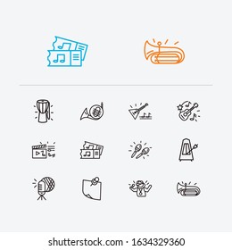 Melody icons set. Video clip and melody icons with french marine, music tickets and maracas. Set of playing for web app logo UI design.
