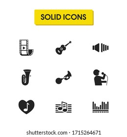 Melody icons set with video clip, tuba and ukulele elements. Set of melody icons and favorite music concept. Editable vector elements for logo app UI design.