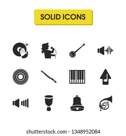 Melody icons set with vinyl, upload music and sound wave elements. Set of melody icons and aerophone concept. Editable vector elements for logo app UI design.