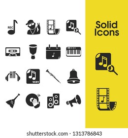 Melody icons set with wav file, search music and bell elements. Set of melody icons and headset concept. Editable vector elements for logo app UI design.
