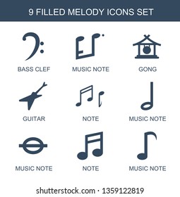 melody icons. Trendy 9 melody icons. Contain icons such as bass clef, music note, gong, guitar, note. melody icon for web and mobile.