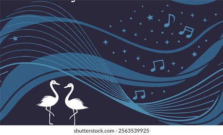 Melody of Love: Swans Dancing Under the Starry Sky - minimalism, swans, notes, space, dance, vector, design, art, romance