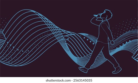 Melody of movement Minimalistic silhouette of a singing man dancing to the rhythm of a sound wave