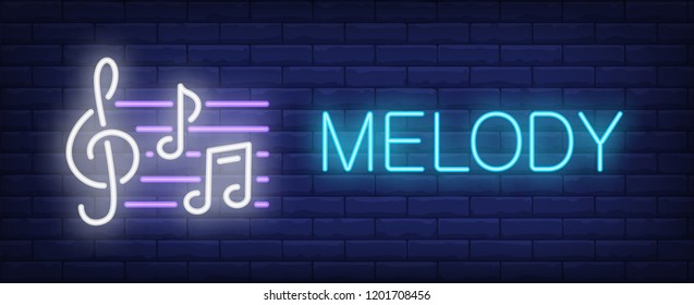 Melody neon sign. Music staff notes. Music shop, record studio, nightclub. Night bright advertisement. Vector illustration in neon style for music, entertainment, creativity