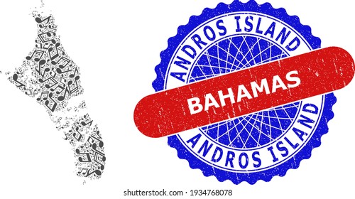 Melody Notes Collage for Andros Island of Bahamas Map and Bicolor Textured Seal