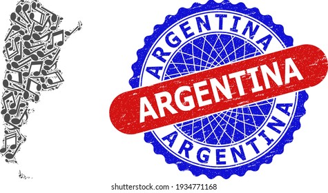 Collage de notas de melodía para el mapa argentino y el sello de distrés de color
