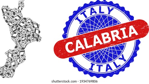 Melody Notes Collage for Calabria Region Map and Bicolor Textured Stamp Badge