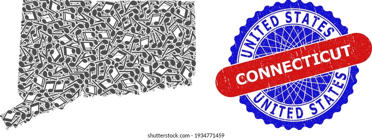 Collage de notas de melodía para el mapa de estado de Connecticut y el sello de goma texturizada de color