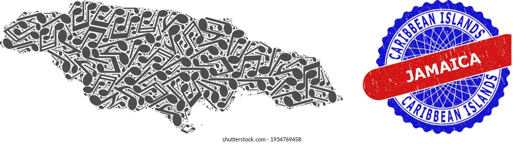 Melody Notes Collage for Jamaica Map and Bicolor Scratched Seal Stamp