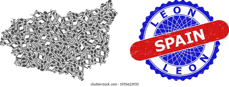 Melody Notes Collage for Leon Province Map and Bicolor Grunge Stamp Badge
