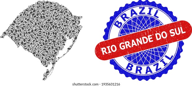 Collage de notas melódicas para el mapa de estado de Rio Grande Do Sul y el sello texturizado de color