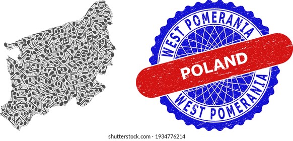 Melody Notes Collage for West Pomeranian Voivodeship Map and Bicolor Distress Stamp