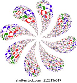 Melody notes icon explosion abstract flower salute composition. Flower cluster created using scattered melody notes icons.