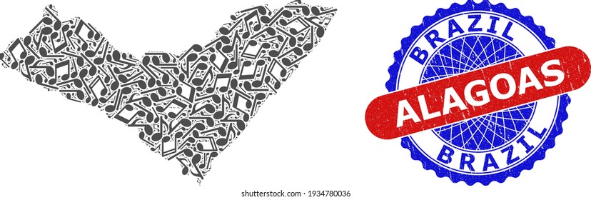 Melody Notes Mosaic for Alagoas State Map and Bicolor Distress Seal