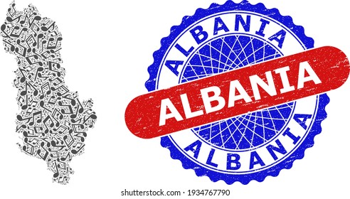 Melody Notes Mosaic for Albania Map and Bicolor Scratched Seal
