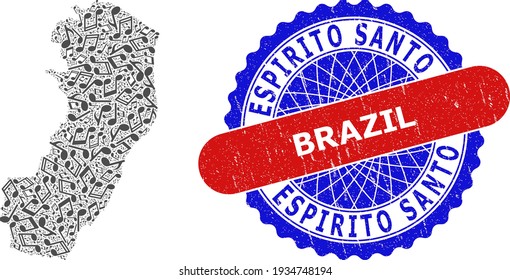 Melody Notes Mosaic for Espirito Santo State Map and Bicolor Textured Stamp Badge