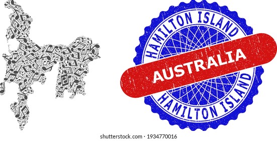 Melody Notes Mosaic für Hamilton Island Map und Bicolor Grunge Stamp